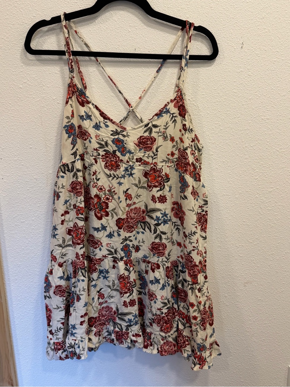 Floral Spaghetti Strap Babydoll Top - Cream with Red & Blue Roses